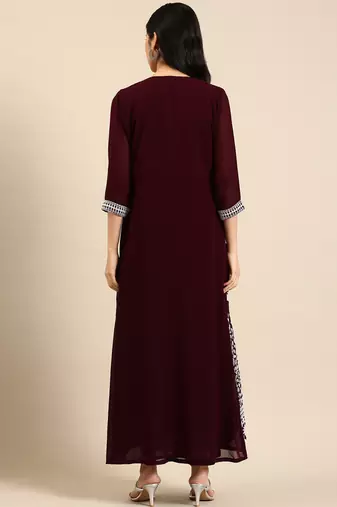 women's ankle length round neck burgundy embellished a-line kurta