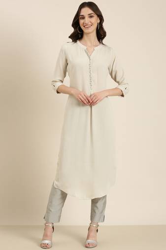 Showoff women's calf length mandarin collar beige solid straight kurta