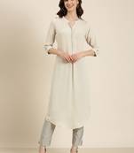 Showoff women's calf length mandarin collar beige solid straight kurta