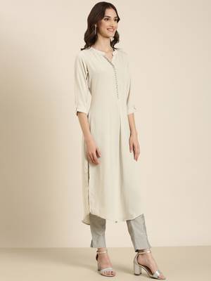 Showoff women's calf length mandarin collar beige solid straight kurta 5