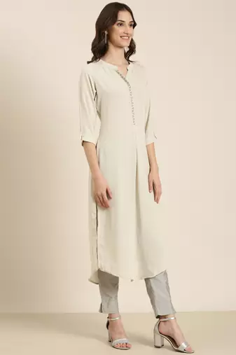 Showoff women's calf length mandarin collar beige solid straight kurta