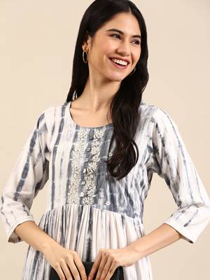 women's ankle length round neck white abstract anarkali kurta 2