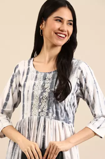 women's ankle length round neck white abstract anarkali kurta