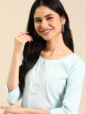 women's calf length round neck blue striped straight kurta 2