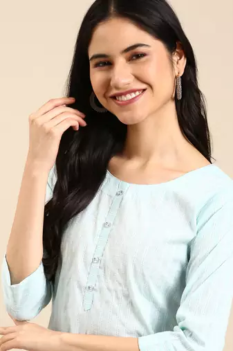 women's calf length round neck blue striped straight kurta