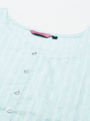 women's calf length round neck blue striped straight kurta 3