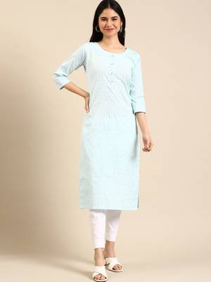 women's calf length round neck blue striped straight kurta 1