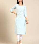 women's calf length round neck blue striped straight kurta