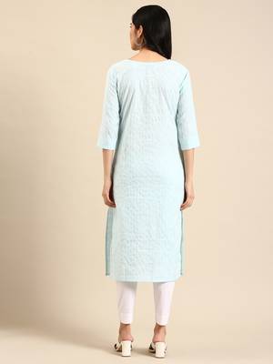 women's calf length round neck blue striped straight kurta 5