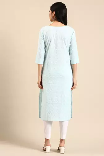 women's calf length round neck blue striped straight kurta