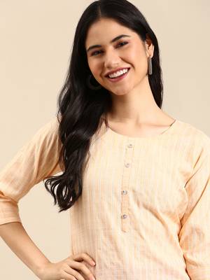 women's calf length round neck orange striped straight kurta 1