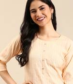 women's calf length round neck orange striped straight kurta