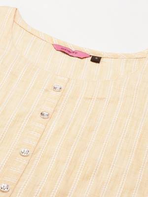 women's calf length round neck orange striped straight kurta 2