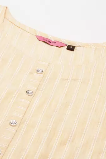 women's calf length round neck orange striped straight kurta