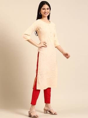 women's calf length round neck orange striped straight kurta 4