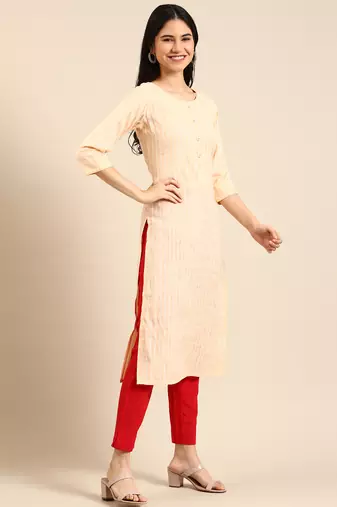 women's calf length round neck orange striped straight kurta