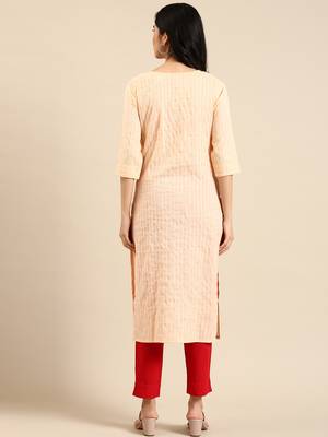 women's calf length round neck orange striped straight kurta 5