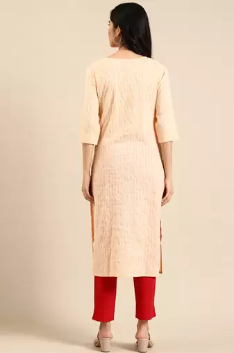women's calf length round neck orange striped straight kurta