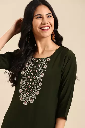 women's calf length round neck olive solid straight kurta