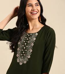 women's calf length round neck olive solid straight kurta