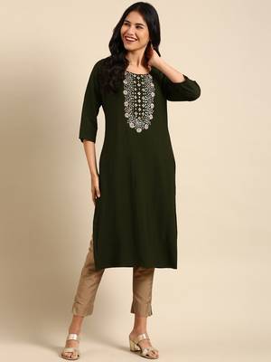 women's calf length round neck olive solid straight kurta 4