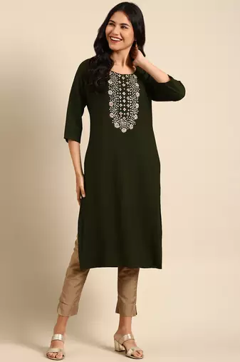women's calf length round neck olive solid straight kurta