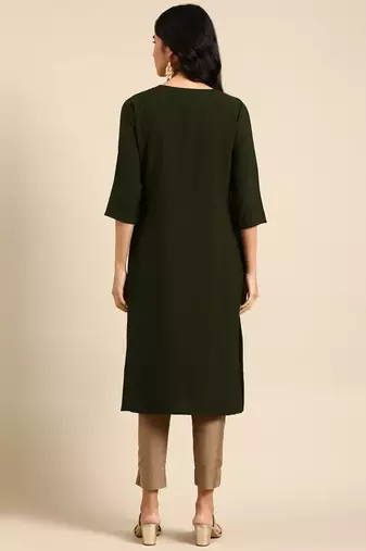 women's calf length round neck olive solid straight kurta