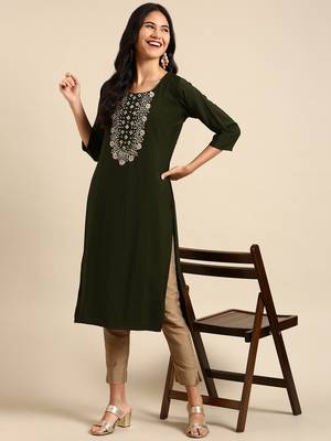 women's calf length round neck olive solid straight kurta 1
