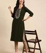 women's calf length round neck olive solid straight kurta