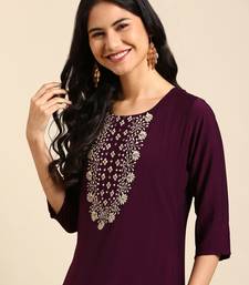 women's calf length round neck violet solid straight kurta