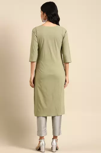 Showoff women's calf length round neck green solid straight kurta
