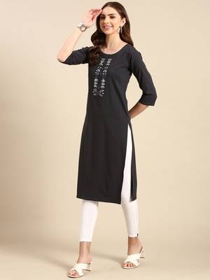 women's calf length round neck grey solid straight kurta 4