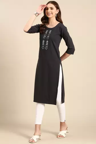 women's calf length round neck grey solid straight kurta