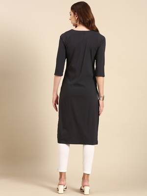 women's calf length round neck grey solid straight kurta 5