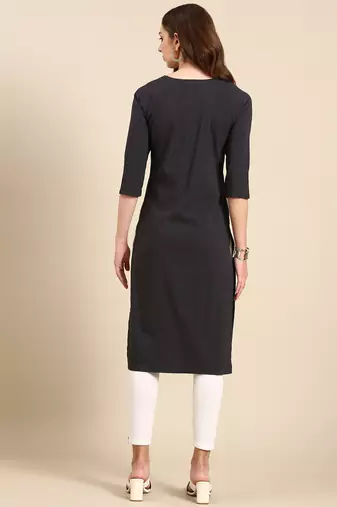 women's calf length round neck grey solid straight kurta