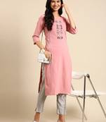 women's calf length round neck pink solid straight kurta