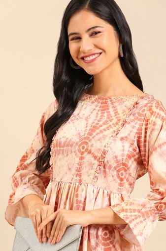 women's ankle length round neck tan abstract anarkali kurta