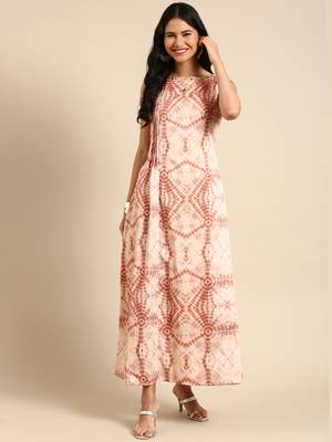 women's ankle length boat neck beige abstract straight kurta 4