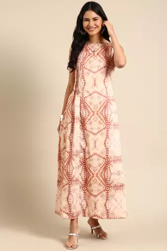 women's ankle length boat neck beige abstract straight kurta