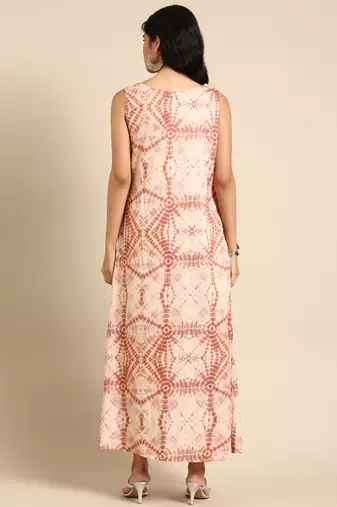 women's ankle length boat neck beige abstract straight kurta