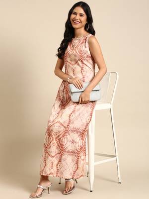women's ankle length boat neck beige abstract straight kurta 1