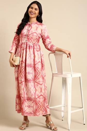 women's calf length mandarin collar beige abstract anarkali kurta