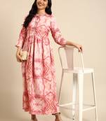 women's calf length mandarin collar beige abstract anarkali kurta