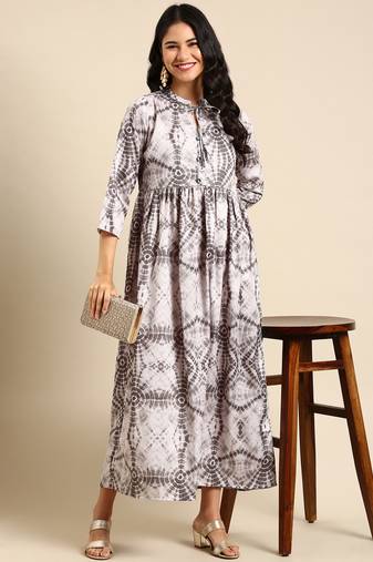 women's calf length mandarin collar silver abstract anarkali kurta