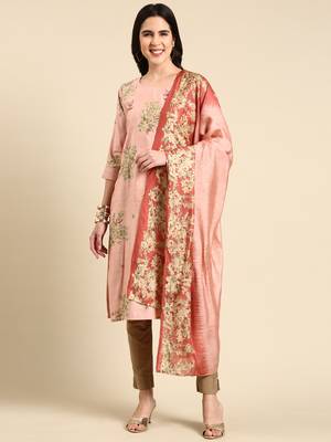 women's calf length scoop neck pink floral straight kurta comes with duppatta 1