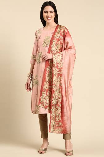 women's calf length scoop neck pink floral straight kurta comes with duppatta
