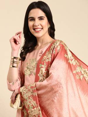 women's calf length scoop neck pink floral straight kurta comes with duppatta 2