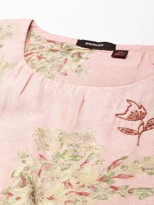women's calf length scoop neck pink floral straight kurta comes with duppatta 3