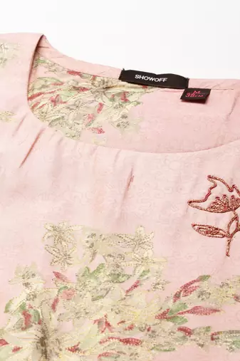 women's calf length scoop neck pink floral straight kurta comes with duppatta