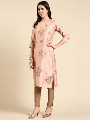 women's calf length scoop neck pink floral straight kurta comes with duppatta 5